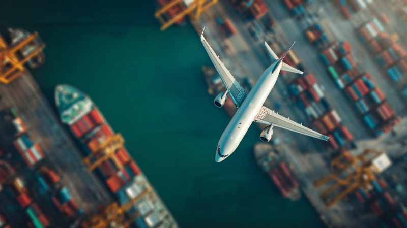 ZOLL-DIREKT - Neutrale Verzollungsagentur - Fracht im Schiff, während Flugzeug oben fliegt